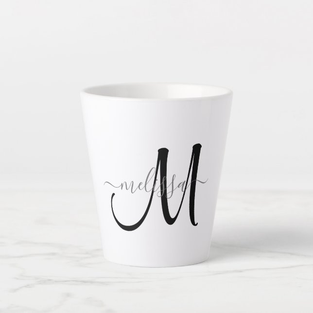 Tasse Latte Nom simple de script gris monogramme noir (Devant)