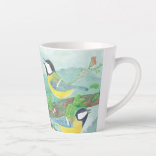 Tasse Latte Oiseaux chantant sur une branche d'arbre en fleurs