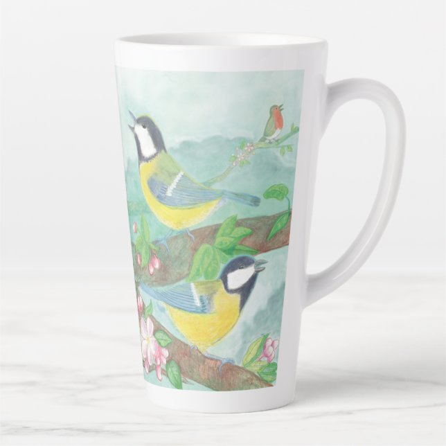 Tasse Latte Oiseaux chantant sur une branche d'arbre en fleurs (Droite)