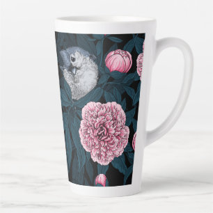 Tasse Latte Oiseaux et fleurs de pivoines roses avec feuille