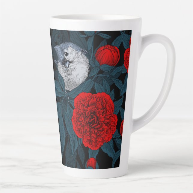 Tasse Latte Oiseaux et fleurs de pivoines rouges avec feuilles (Droite)