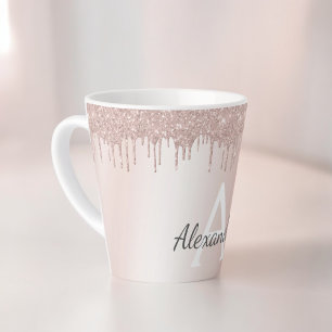 Tasse Latte Or Rose Gold - Monogramme Nom Paillettes Rose Blus