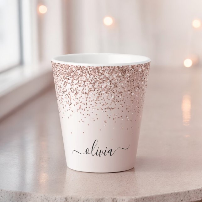 Tasse Latte Or rose - Monogramme métallisé pailleté rose blush (Créateur téléchargé)
