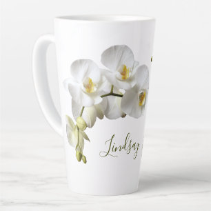 Tasse Latte Orchidées blanches Nom Modèle Élégant Cadeau Latte