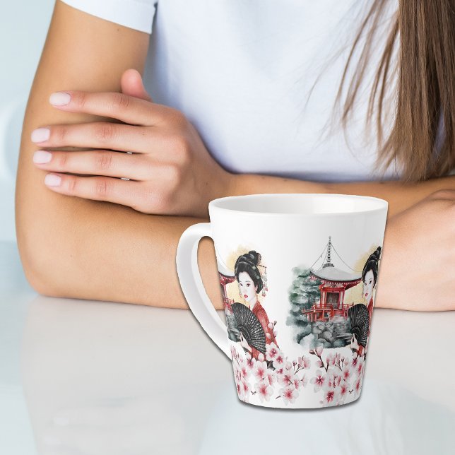 Tasse Latte Pagode japonaise en fleur de cerisier Geisha Girl (Créateur téléchargé)
