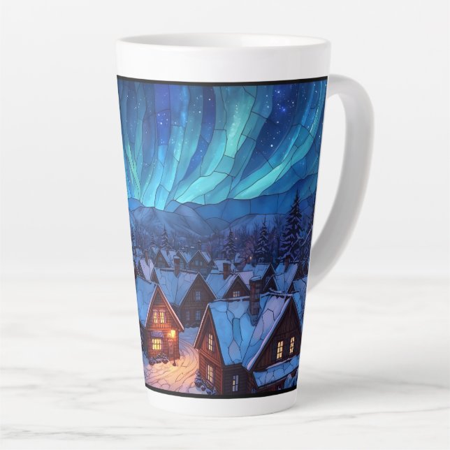 Tasse Latte Panoramic Stained Glass Winter Village (Angle droit)