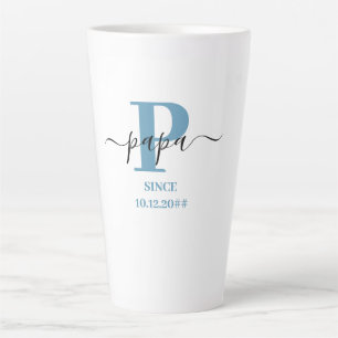 Tasse Latte Papa Élégant Script Monogramme Bleu Blanc Latte Mu