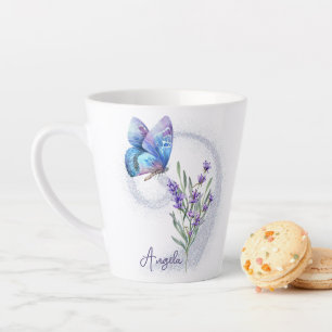 Tasse Latte Papillon bleu et lavande personnalisée