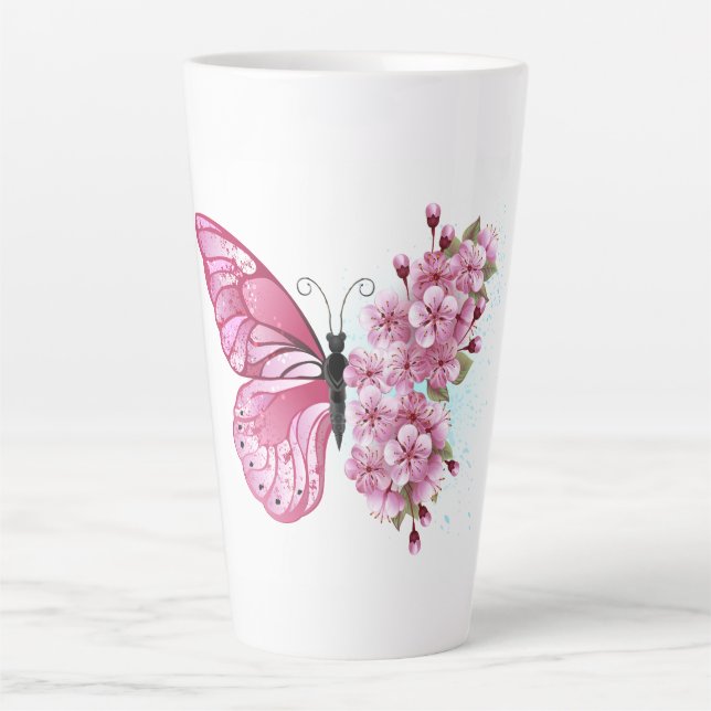 Tasse Latte Papillon de fleurs avec Sakura rose (Devant)