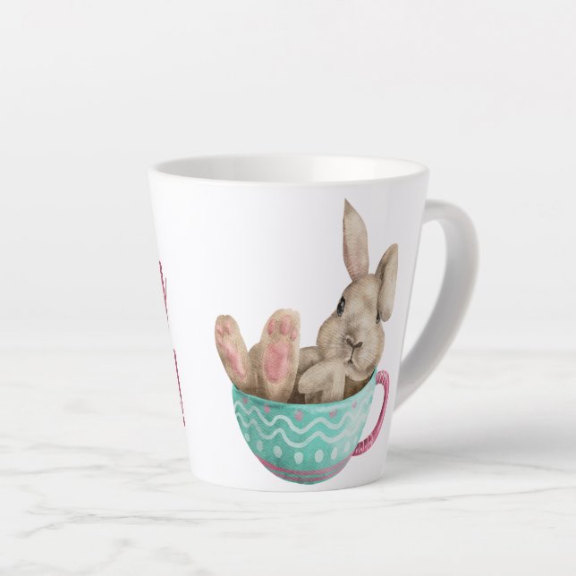 Tasse Latte pâques heureux ! mignon lapin d'aquarelle assis (Angle droit)