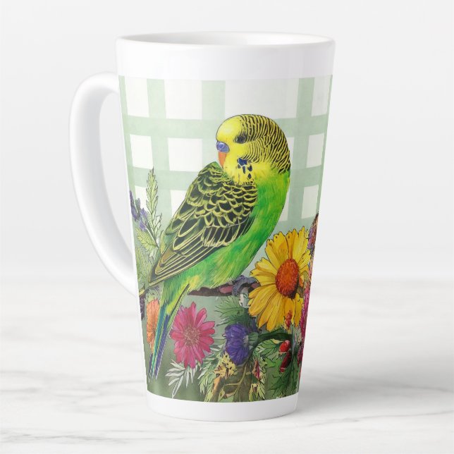 Tasse Latte Parakeet mignonne et fleurs (Angle gauche)