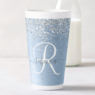 Tasse Latte Parties scintillant en argent brossé bleu Nom du m