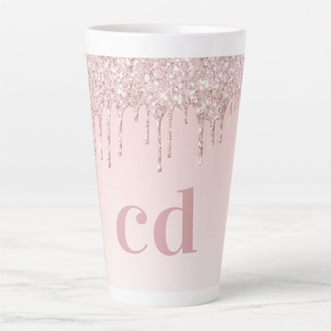 Tasse Latte parties scintillant rose or rose  monogramme initi (Devant)