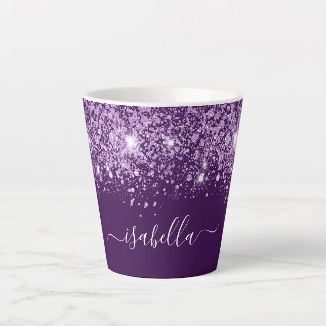Tasse Latte Parties scintillant violet étincelle nom monogramm (Devant)
