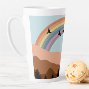 Tasse Latte Paysage Abstrait Forêt Arbres Arc-en-ciel & Oiseau