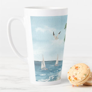 Tasse Latte Paysage de plage avec voiliers Aquarelle