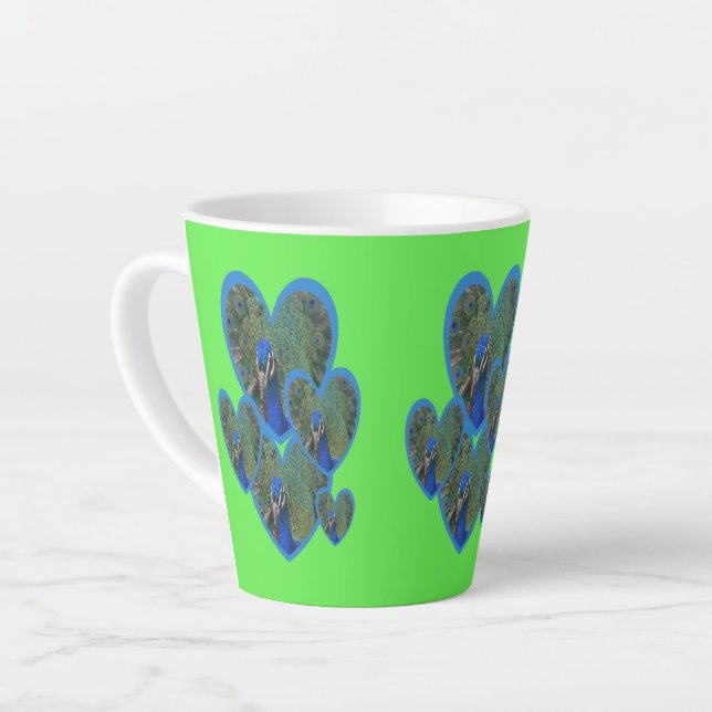 Tasse Latte Peacock Hearts Motif Cust. Musique verte en latte  (Angle gauche)