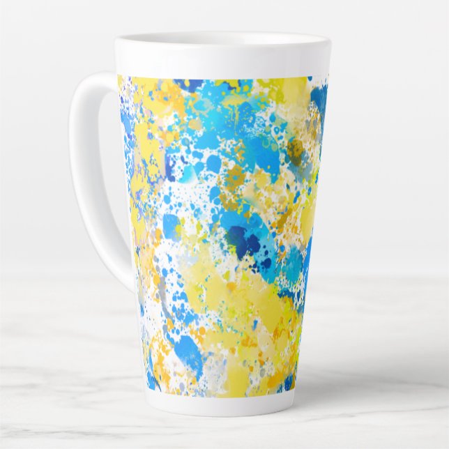 Tasse Latte Peinture Splatter bleu et jaune (Angle gauche)