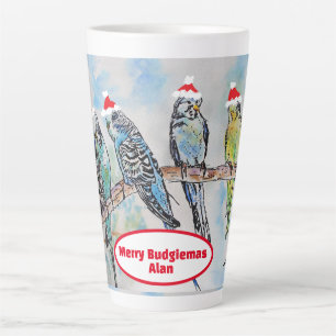 Tasse Latte Père Noël Budgie Noël aquarelle peinture oiseau