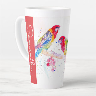 Tasse Latte Perroquet Rosella Rouge Nom de Femme Aquarelle