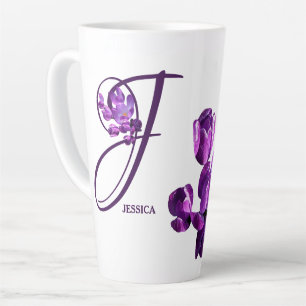 Tasse Latte Personnalisable Jessica nom fleurs pourpres boho