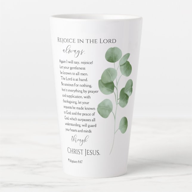 Tasse Latte Philippiens 4:4-7 Verset biblique de feuilles d'eu (Devant)