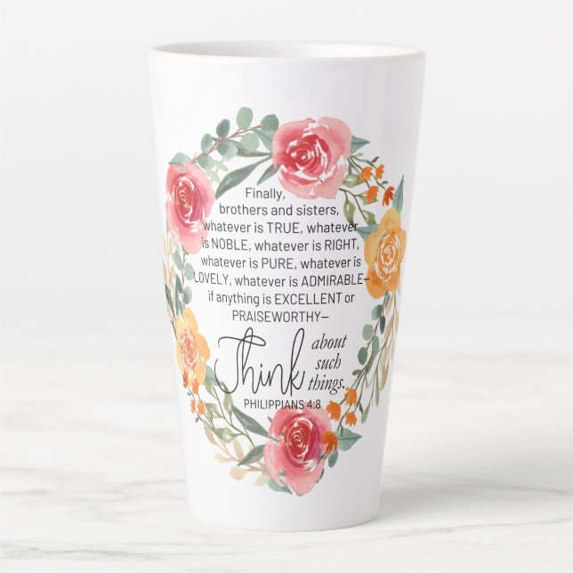 Tasse Latte Philippiens 4:8 Couronne florale rose et jaune (Devant)