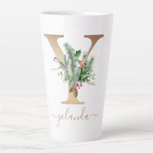 Tasse Latte Pine de Noël Berries rouges Monogramme Y Nom