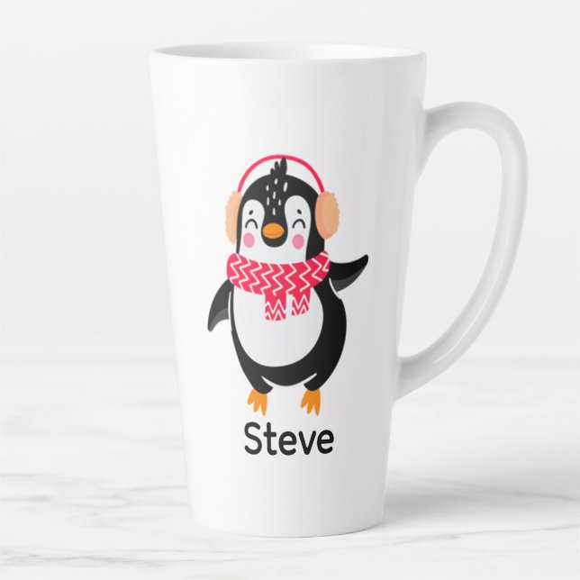 Tasse Latte Pingouin de Noël Jolly en écharpe avec des bouffée (Droite)