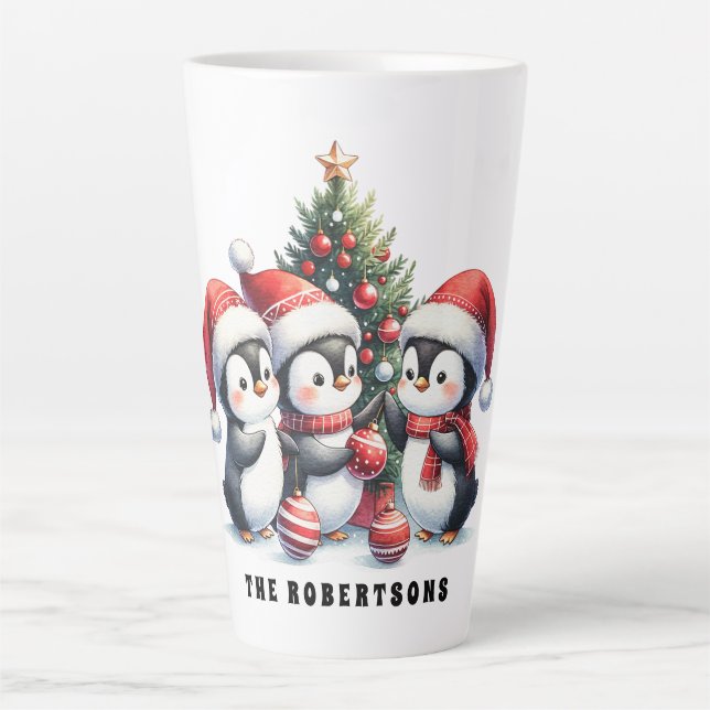 Tasse Latte Pingouins de Noël festifs Monogrammes (Devant)