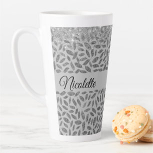 Tasse Latte Plumes chic en argent Glittery personnalisées
