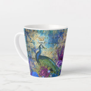Tasse Latte Plumes de oiseau bleu tendance Paon Fleurs