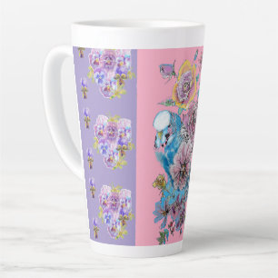 Tasse Latte Poignée à la main Purple Blue Budgie floral Latte 