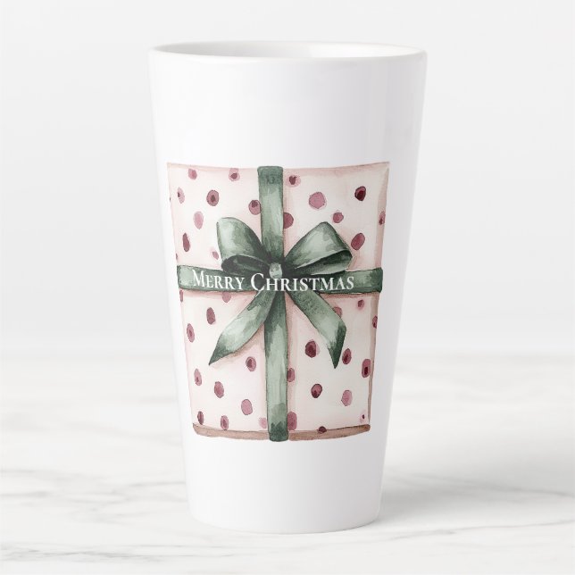 Tasse Latte Points roses de Noël Ruban vert & Bow (Devant)