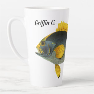 Tasse Latte Poisson vintage bleu et jaune, Vie marine