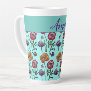 Tasse Latte Poppies de pavot Red Shabby Chic Aqua Floral Fleur
