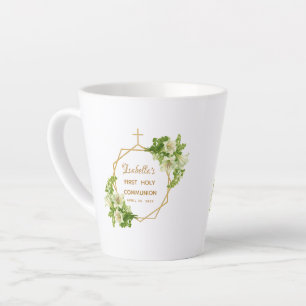 Tasse Latte Première communion Floral Lys Gold Cross Géométriq