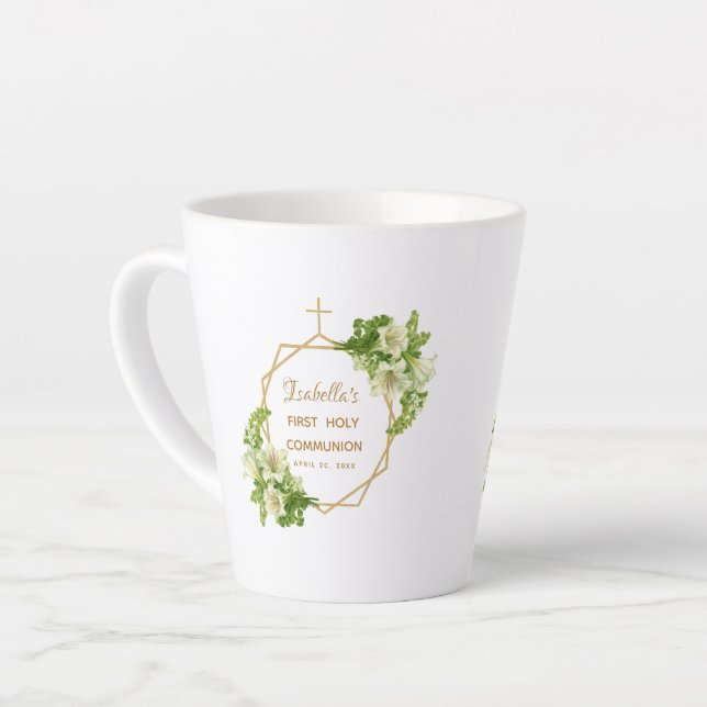 Tasse Latte Première communion Floral Lys Gold Cross Géométriq (Angle gauche)