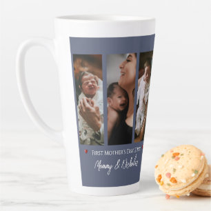 Tasse Latte Première fête des mères Trois photos Collage bleu