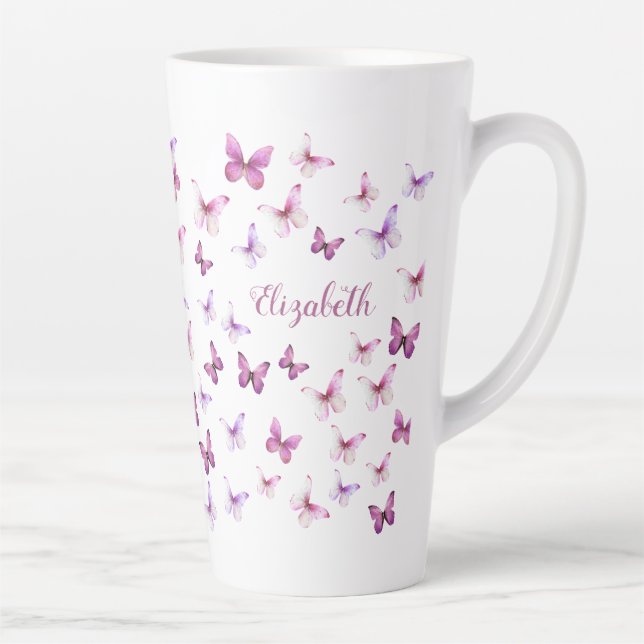 Tasse Latte Pretty Pink Butterflies Custom Name (Droite)