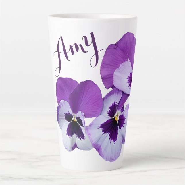 Tasse Latte Purple pansé floral Amy nom personnalisable boho (Devant)