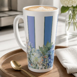Tasse Latte rayée florale et Hortensia Bleu