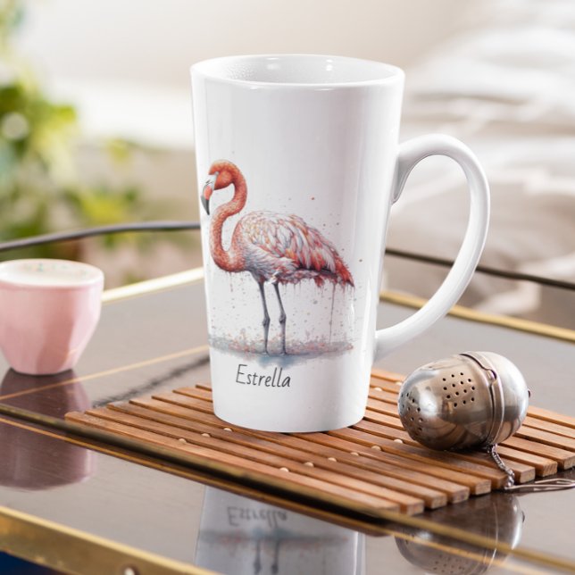 Tasse Latte Rayon de Flamant rose : Aquarelle tropicale, perso (Créateur téléchargé)