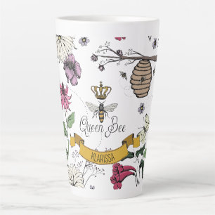 Tasse Latte Reine d'abeille vintage, Couronne d'or royale et n