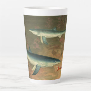 Tasse Latte Requins Bleus Mangeant des Poissons, Vie Marine Vi