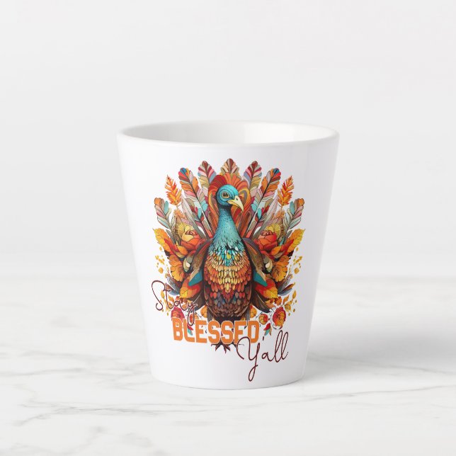 Tasse Latte Restez béni Y'all avec une Turquie colorée (Devant)