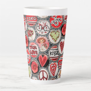 Tasse Latte Retro Red Floral Hearts Fille Rose Saint Valentin
