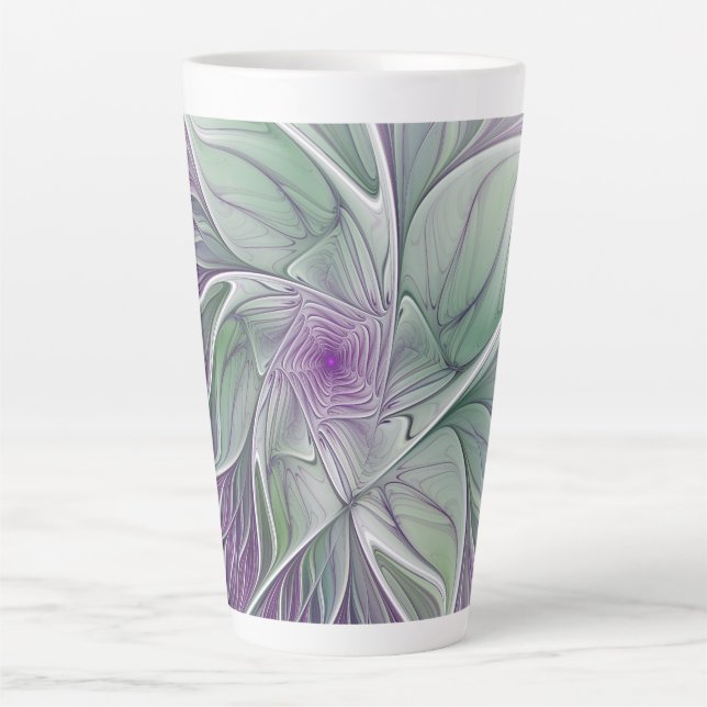 Tasse Latte Rêve de fleurs, Abstrait violet vert Fractal Art (Devant)