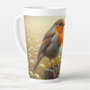 Tasse Latte Robin européen perché sur une clôture rustique