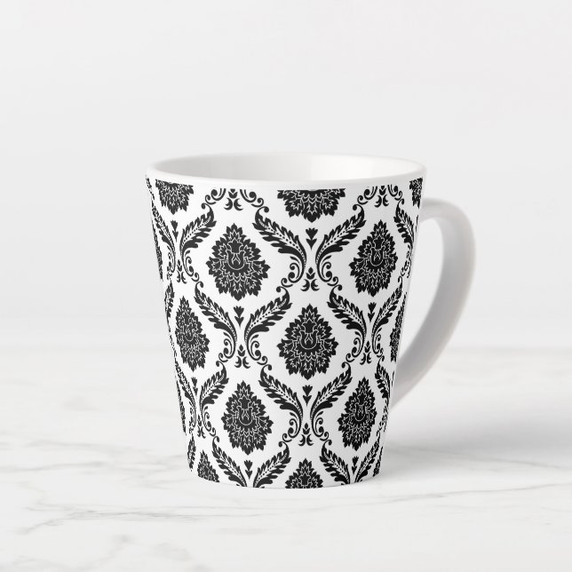 Tasse Latte Rococo Damask Pattern Black on White (Angle droit)